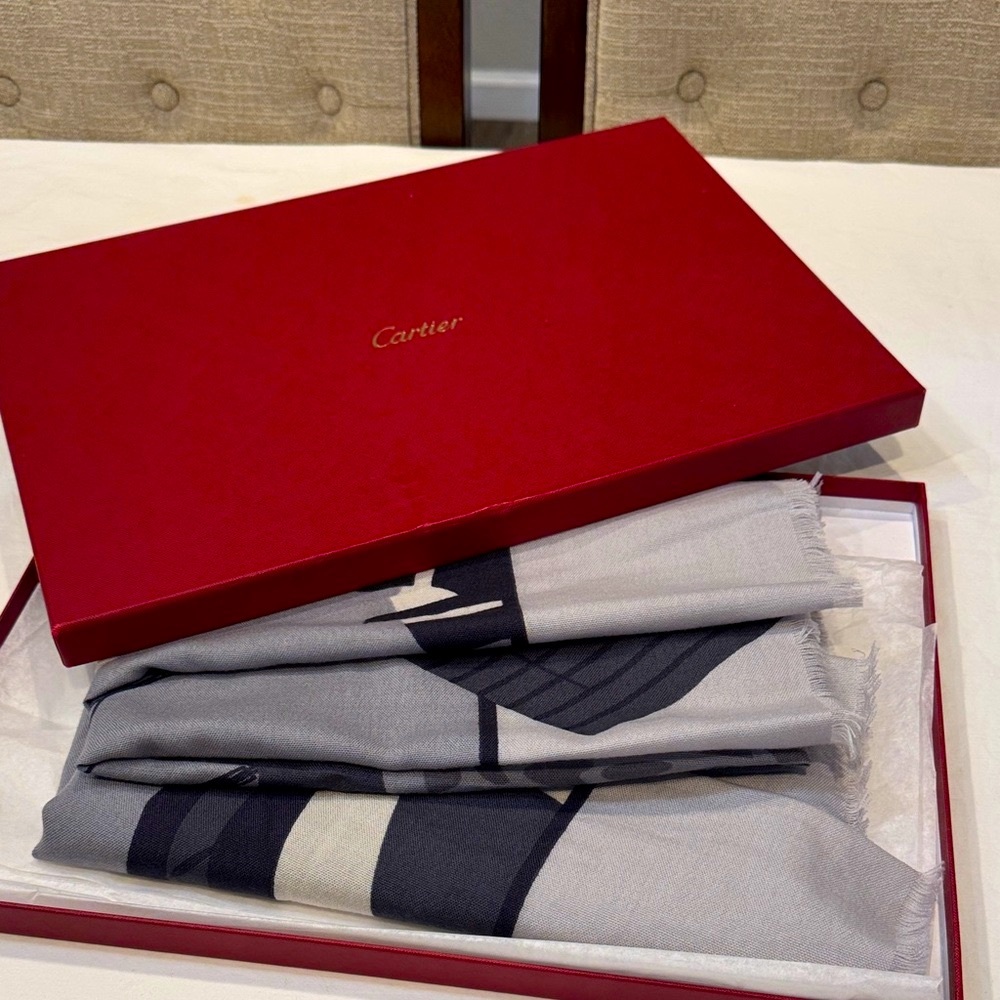 Authentic Cartier Elegant Gray and Black Oversized Scarf